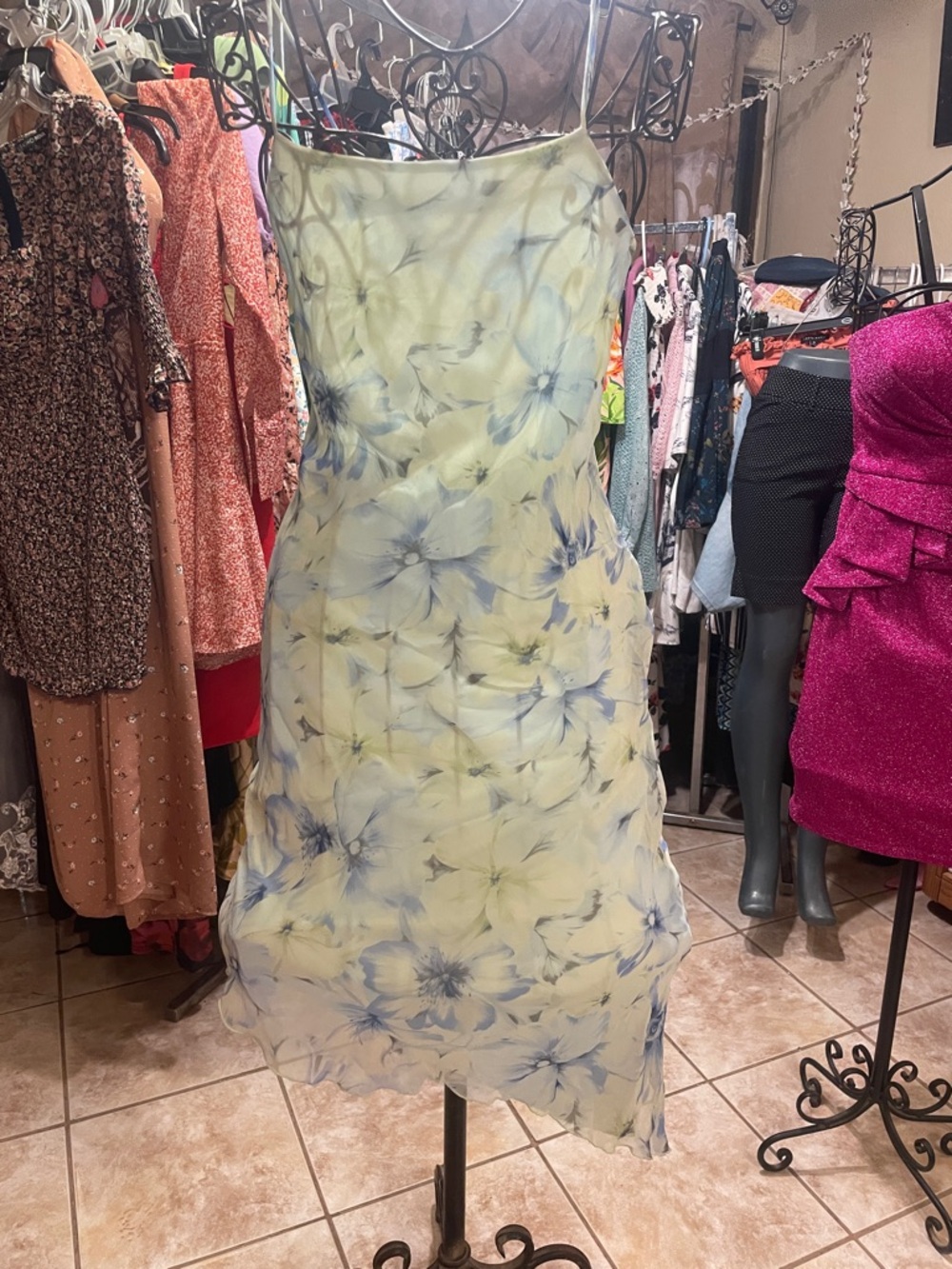Sleeveless Asymmetrical Floral Slip Dress in Light Yellow and Blue